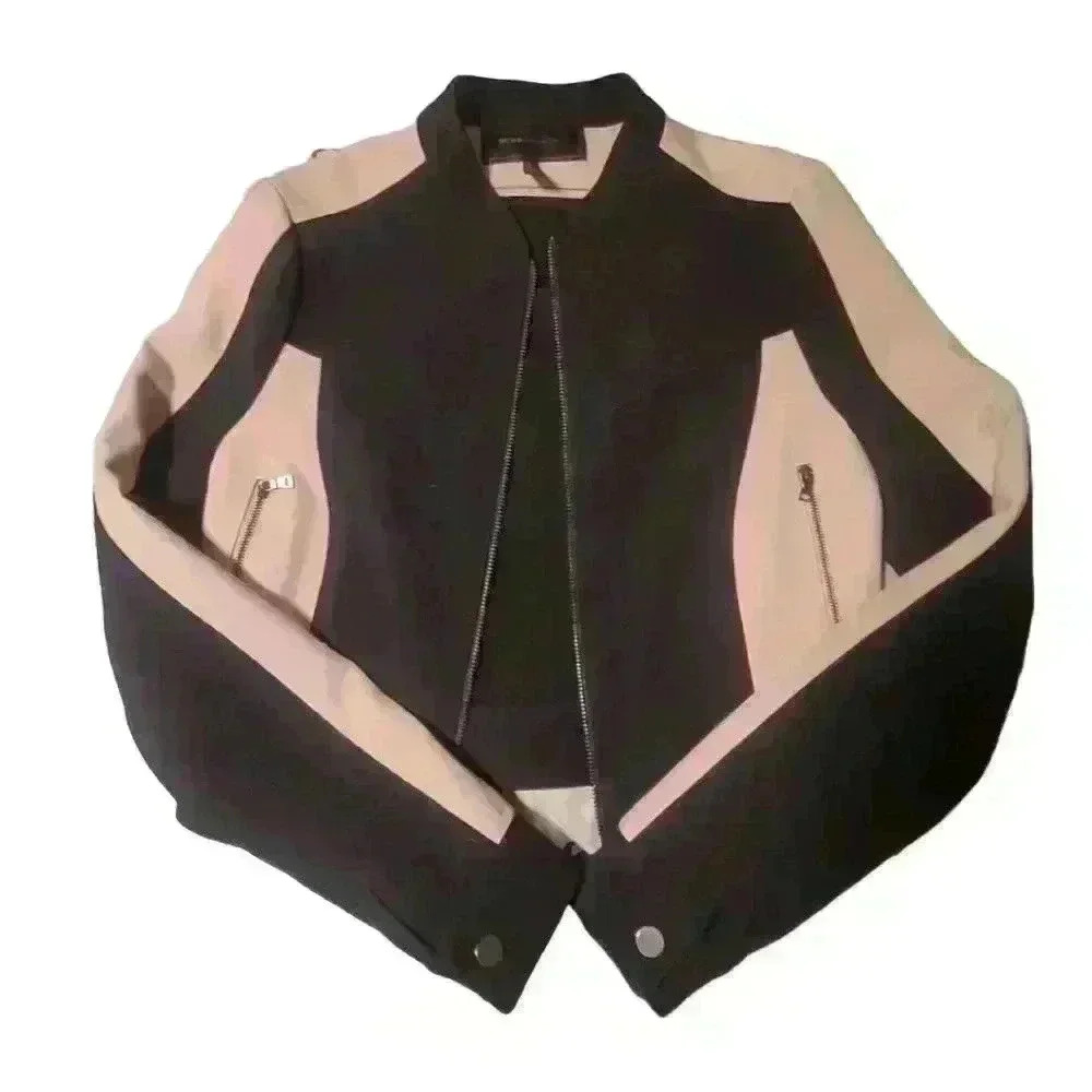 BCBGMaxAzria Black and Beige Colorblock Moto Blazer